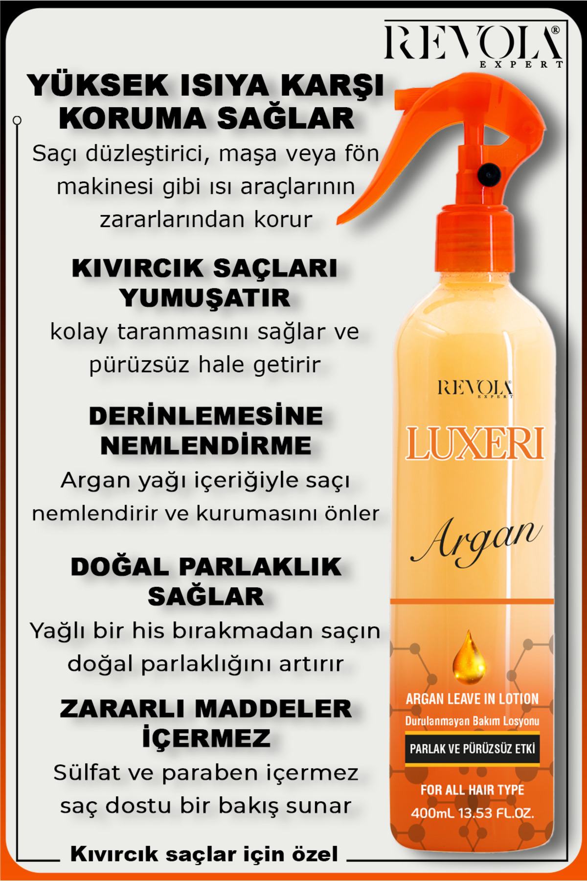 Kıvırcık Saçlar İçin Ekstra Parlaklık Sağlayan Durulanmayan Argan Fön Suyu Parlatıcı Saç Bakım Sprey — Argan1 — تصویر 2 از 4