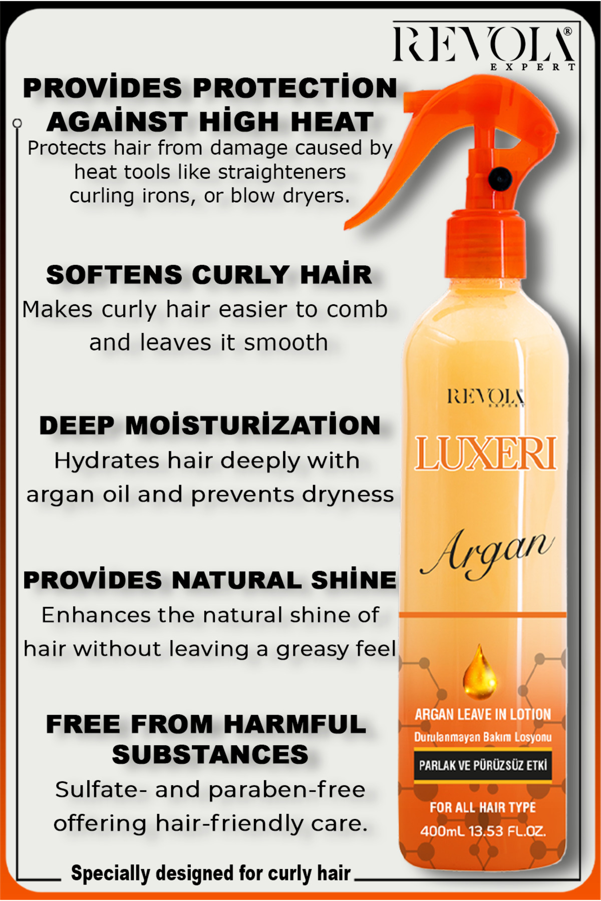 Kıvırcık Saçlar İçin Ekstra Parlaklık Sağlayan Durulanmayan Argan Fön Suyu Parlatıcı Saç Bakım Sprey — Argan1 — تصویر 3 از 4