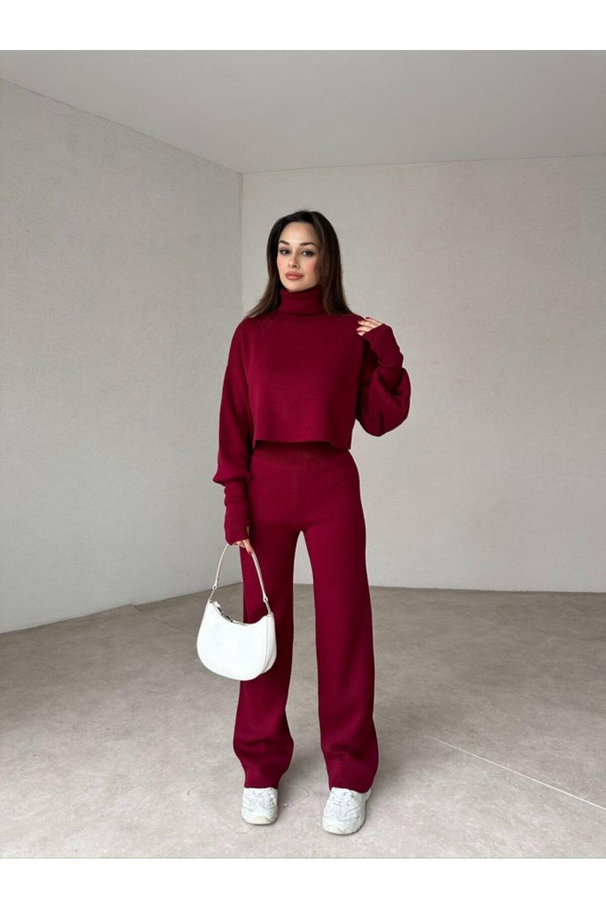 candybia-Burgunderfarbenes Damen-Strickwaren-Set mit Fingern 2