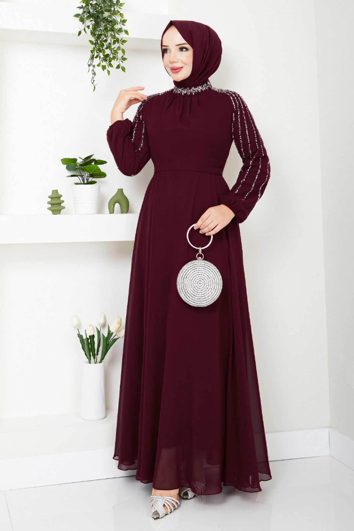 MissPul - Kolları İşlemeli Abiye 6089LPN909-M Bordo