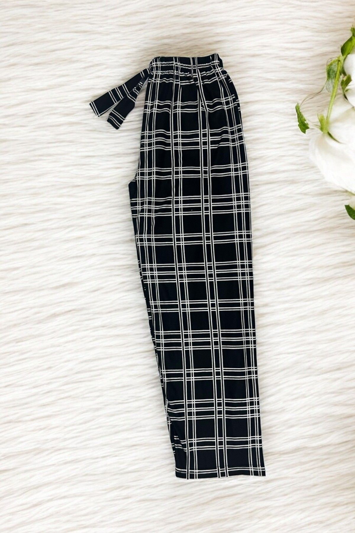 SİERNA Kurdeleli Ekose Kadın Pijama Altı Süet Kumaş srn-004142