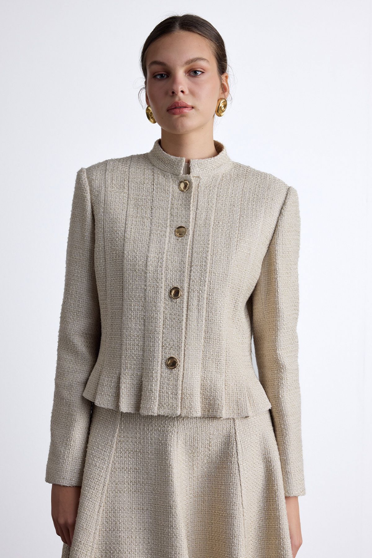 Manuka-Beige Textured and Buttoned Jacket 5