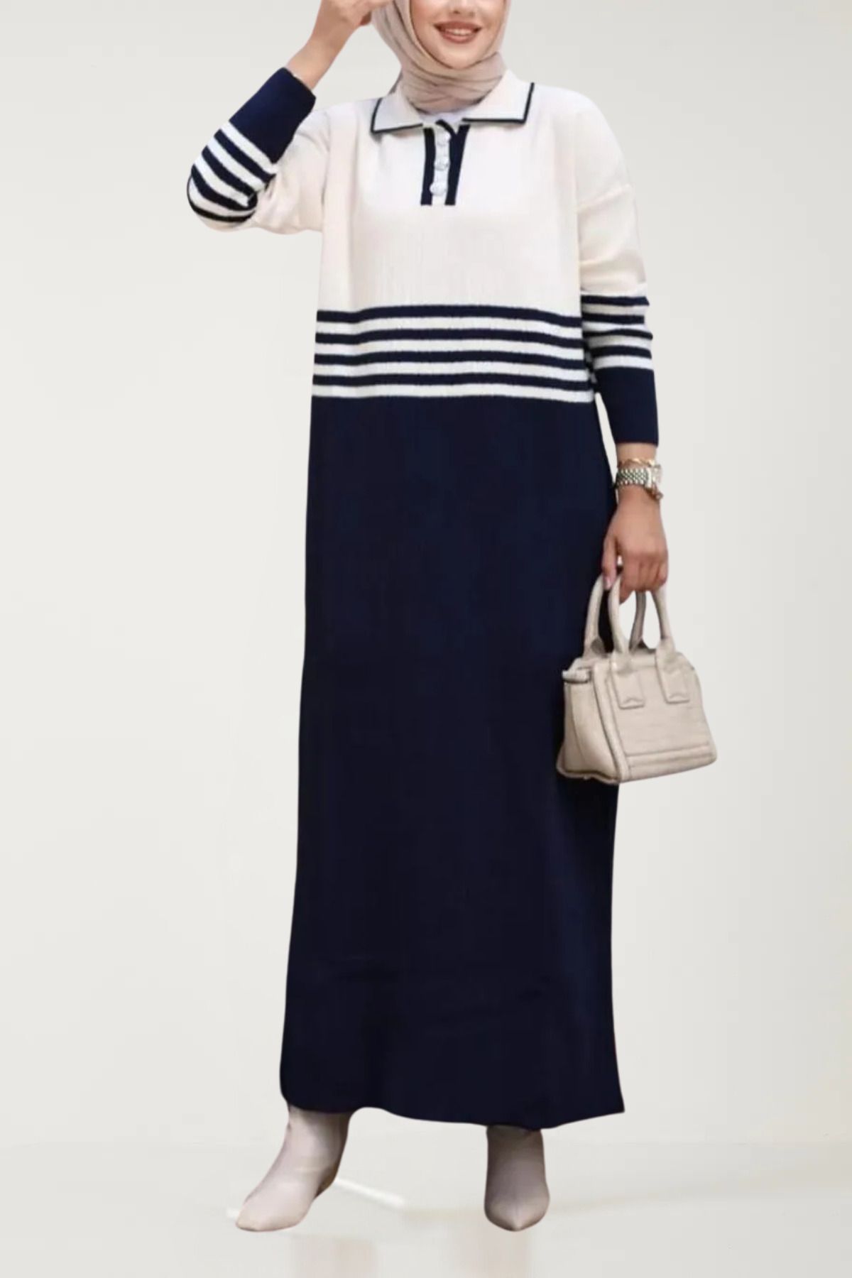 YUMİSO-Polo Neck Long Sleeve Striped Knitwear Dress 4