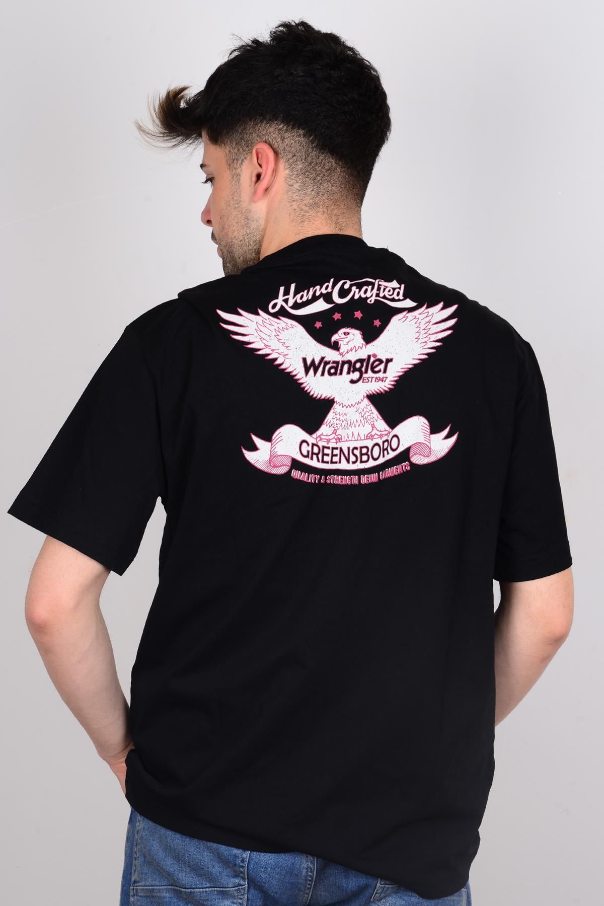 تی شرت مشکی مردانه سیاه W231233001 یقه دوچرخه چاپی Wrangler