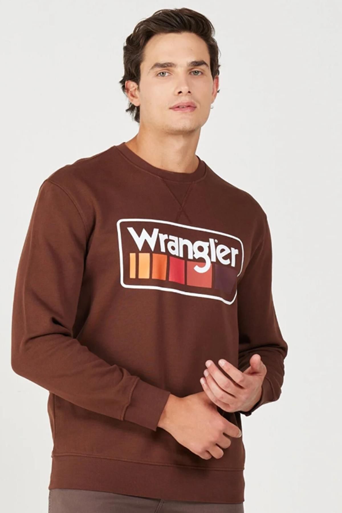 سویشرت چند رنگ مردانه W646H1H44 یقه دوچرخه طرح دار قهوه ای عرق Wrangler