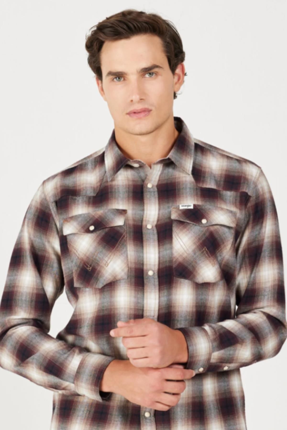 پیراهن / بلوز دکمه دار قرمز مردانه W556B3H68 Bordeaux Krem Karel با Wrangler