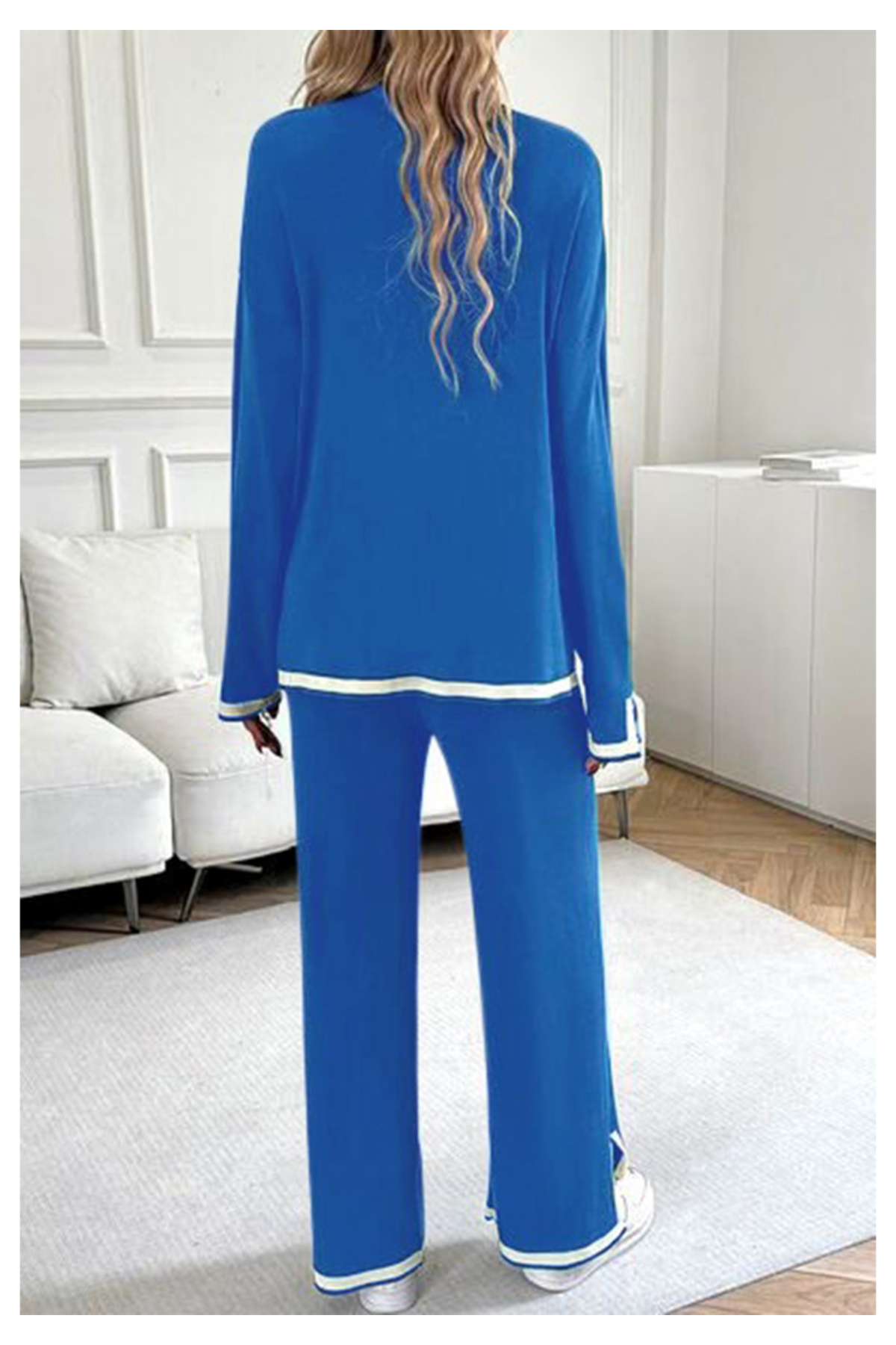 Little Visqon-Blue Modal Two-Piece Suit - Crew Neck, Slit Sleeves and Leg 3
