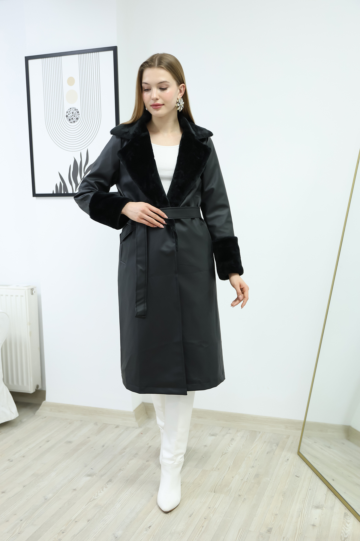 İKLİM LİFE  KOL YAKA KÜRKLÜ KEMERLİ KABAN - Görsel 3