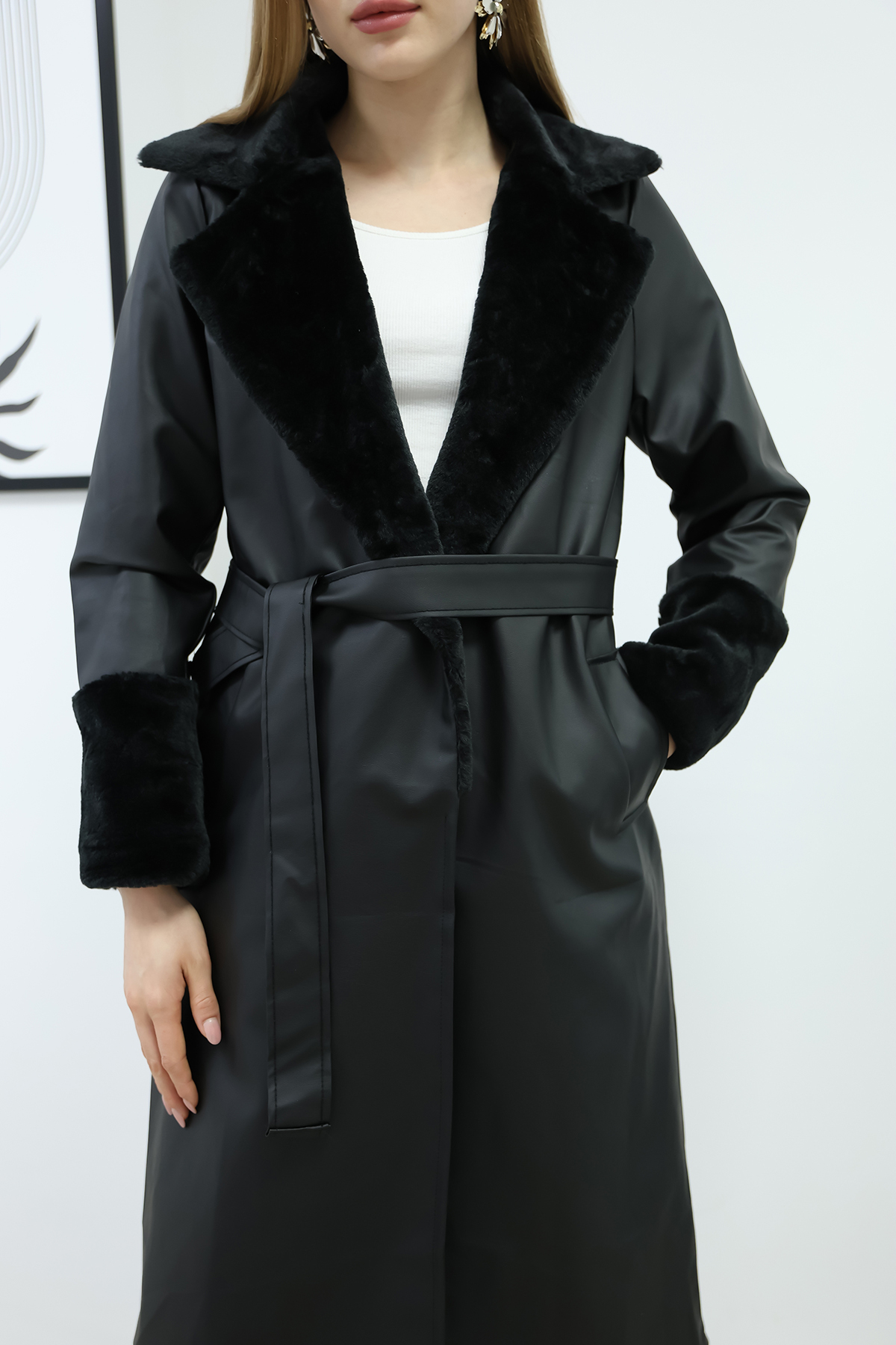 İKLİM LİFE  KOL YAKA KÜRKLÜ KEMERLİ KABAN - Görsel 4