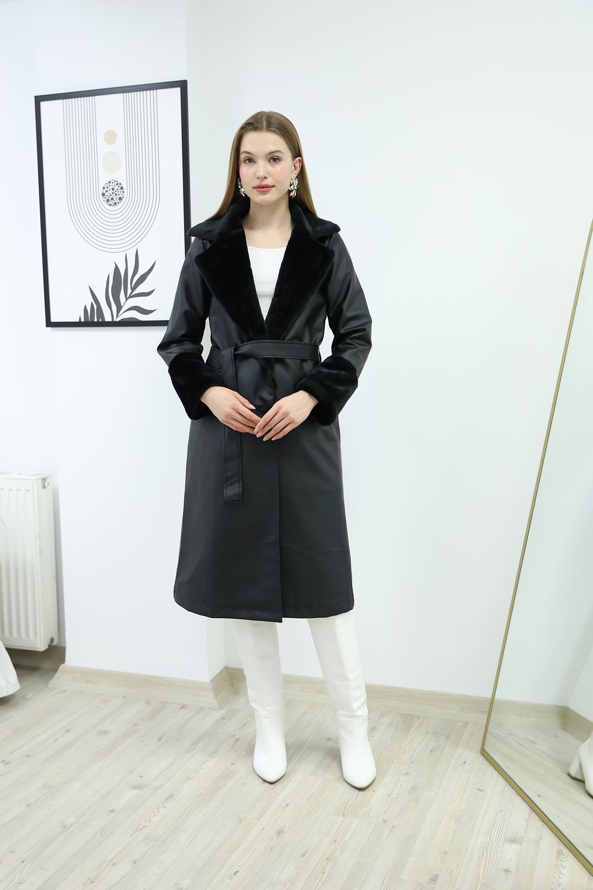 İKLİM LİFE  KOL YAKA KÜRKLÜ KEMERLİ KABAN - Görsel 2