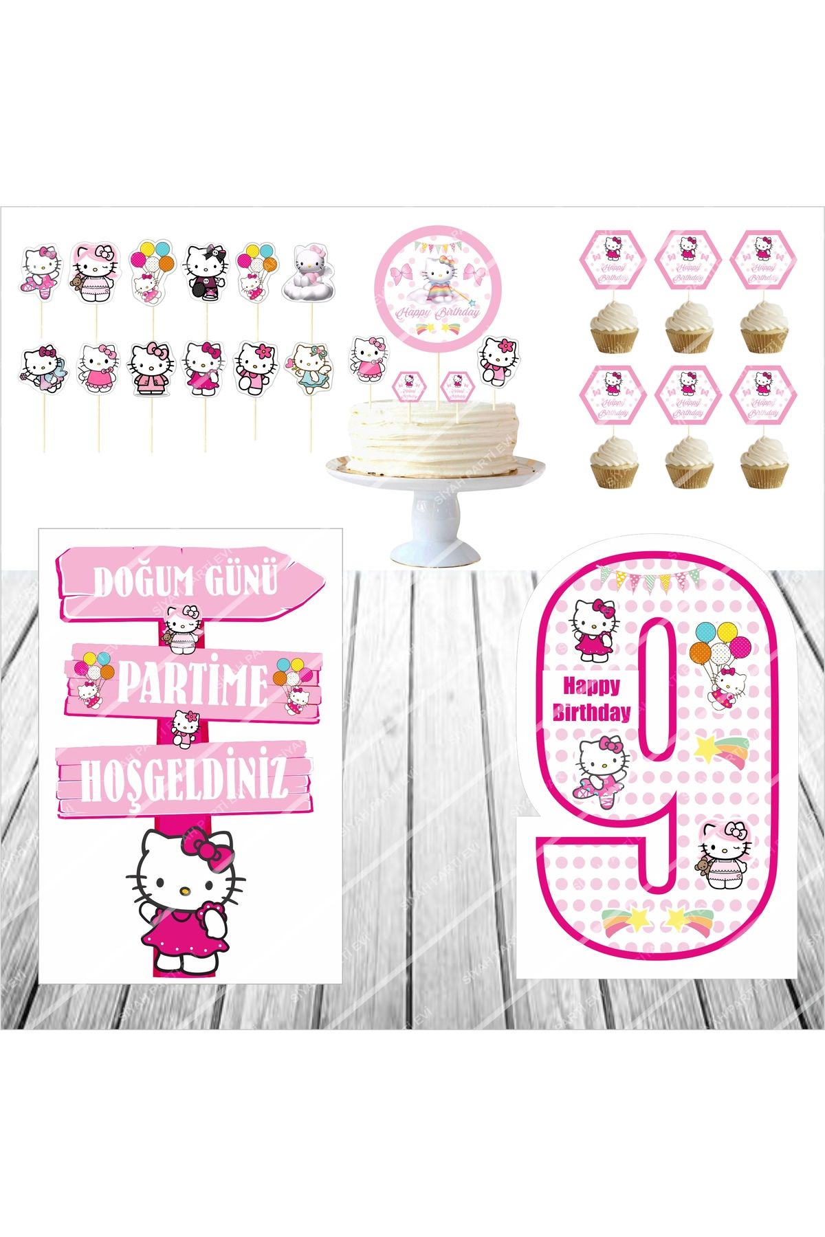 SİYAH PARTİ EVİ Hello Kitty 9 Yaş Doğum Günü Pasta Süsü Masa Maketi Seti