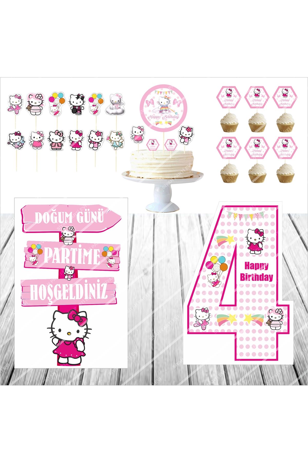 SİYAH PARTİ EVİ Hello Kitty 4 Yaş Doğum Günü Pasta Süsü Masa Maketi Seti