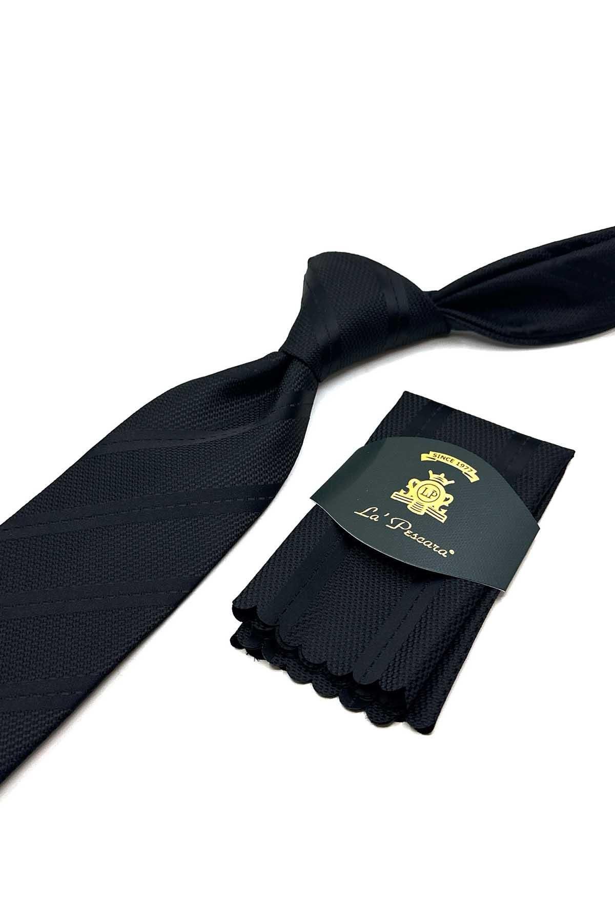 Kravatkolik-Black Classic Tie with Self Pattern Handkerchief Kk13075 2