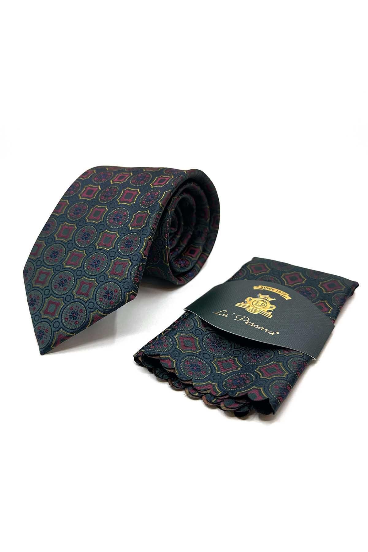 Kravatkolik-Classic Tie with Green Motif Pattern Handkerchief Kk12956 4