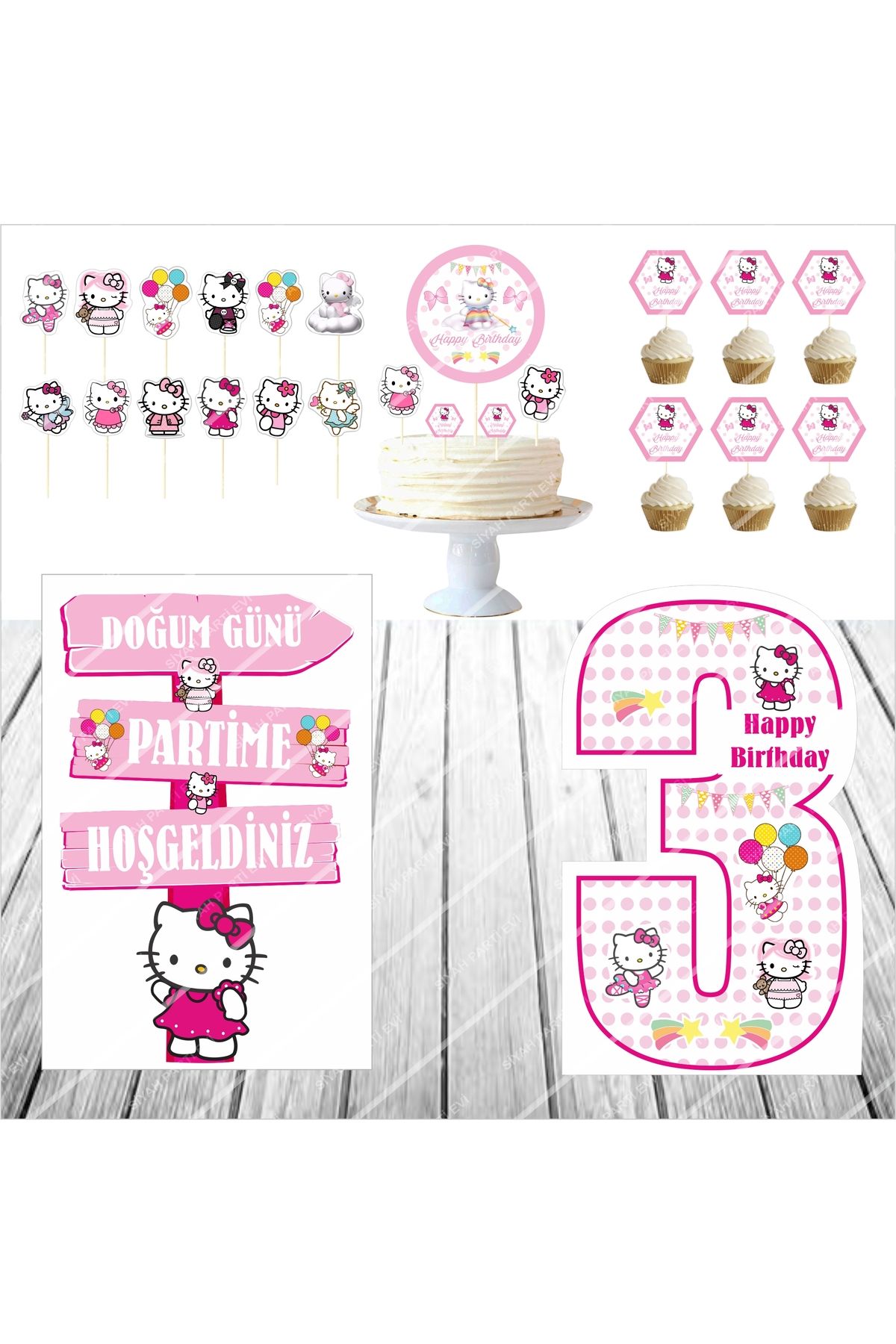 SİYAH PARTİ EVİ Hello Kitty 3 Yaş Doğum Günü Pasta Süsü Masa Maketi Seti