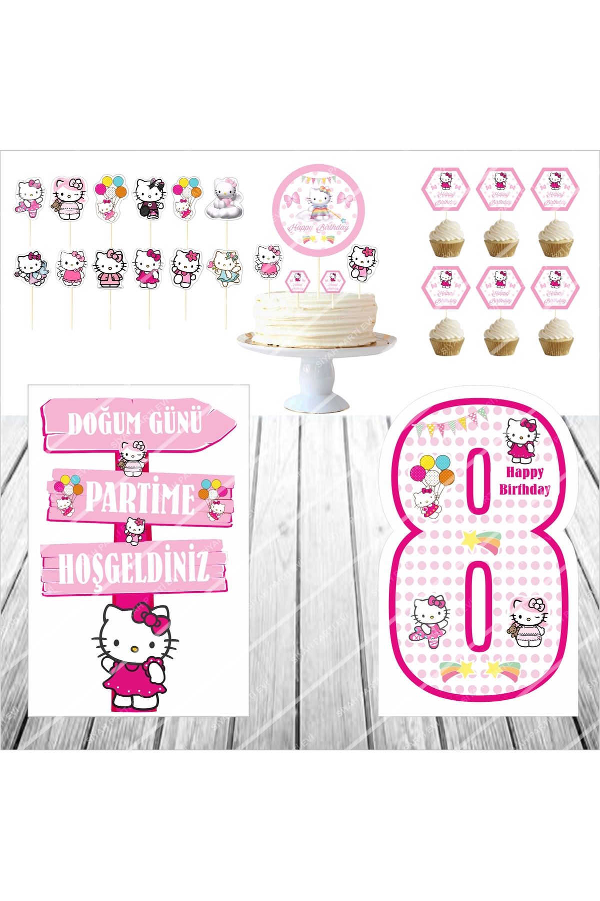 SİYAH PARTİ EVİ Hello Kitty 8 Yaş Doğum Günü Pasta Süsü Masa Maketi Seti