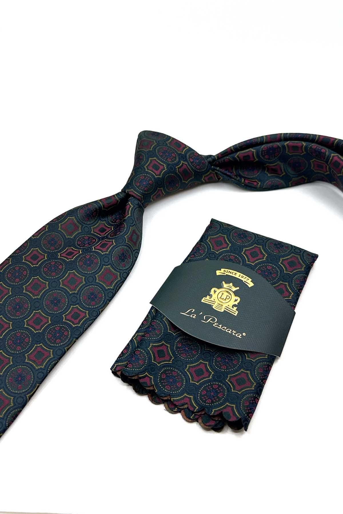 Kravatkolik-Classic Tie with Green Motif Pattern Handkerchief Kk12956 2