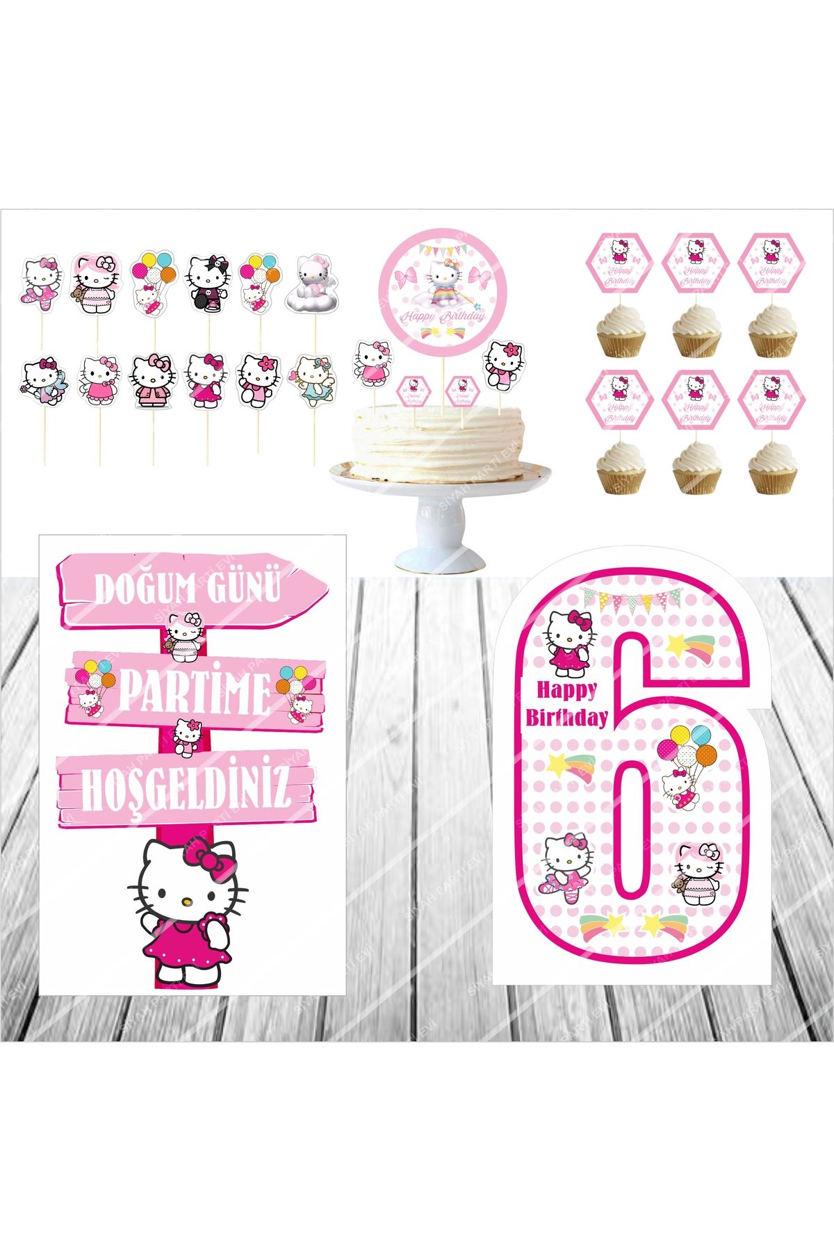 SİYAH PARTİ EVİ Hello Kitty 6 Yaş Doğum Günü Pasta Süsü Masa Maketi Seti