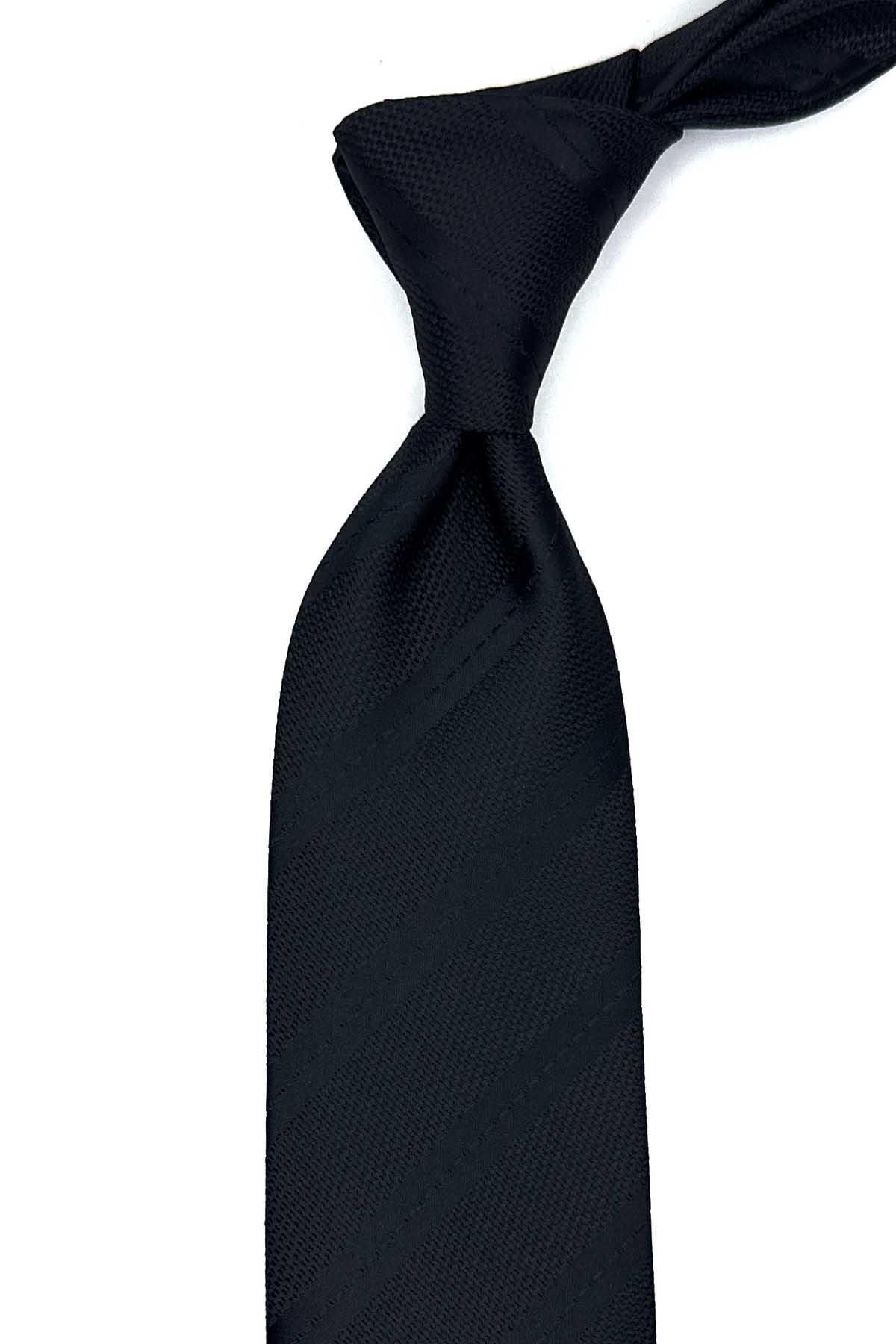 Kravatkolik-Black Classic Tie with Self Pattern Handkerchief Kk13075 1