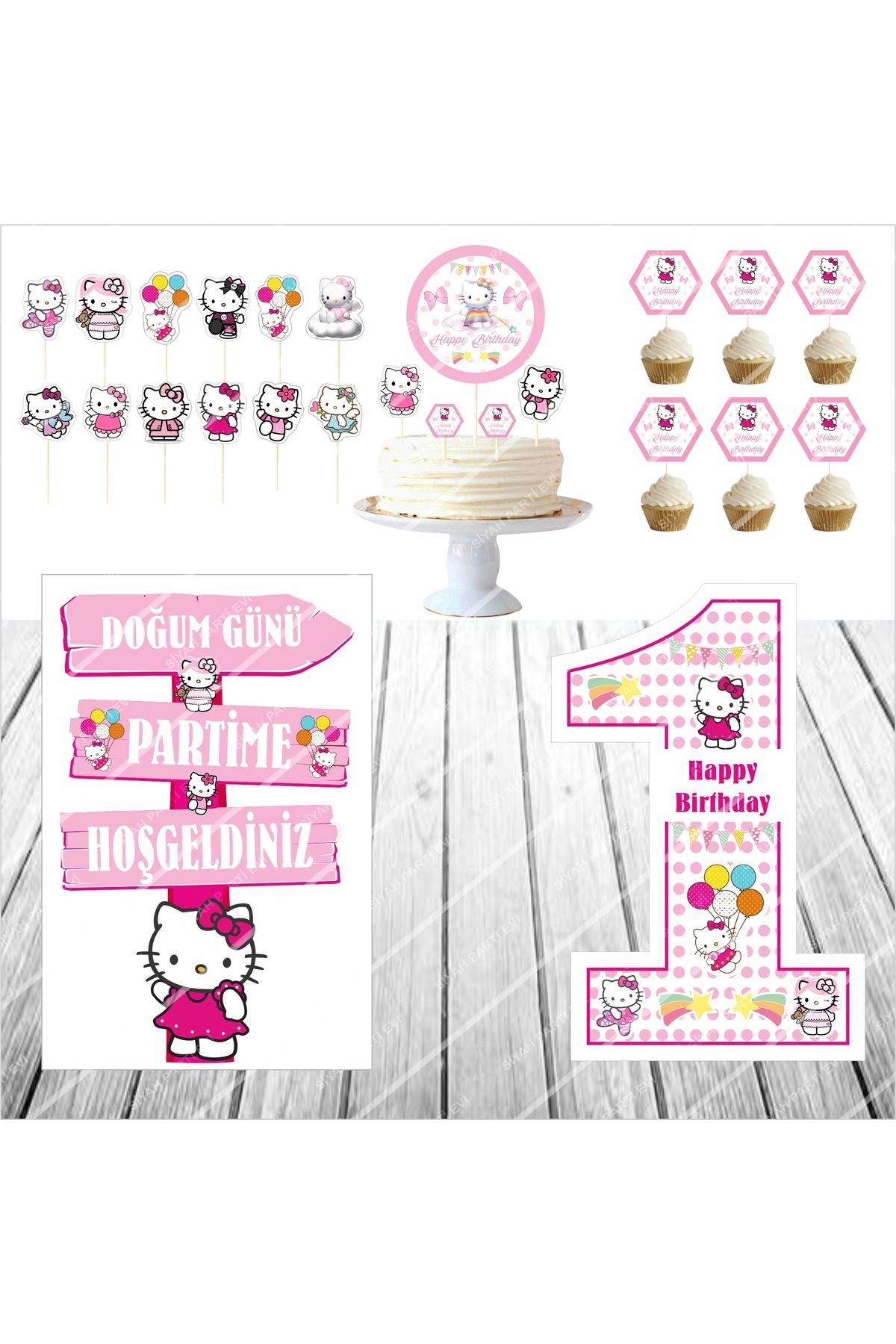 SİYAH PARTİ EVİ Hello Kitty 1 Yaş Doğum Günü Pasta Süsü Masa Maketi Seti