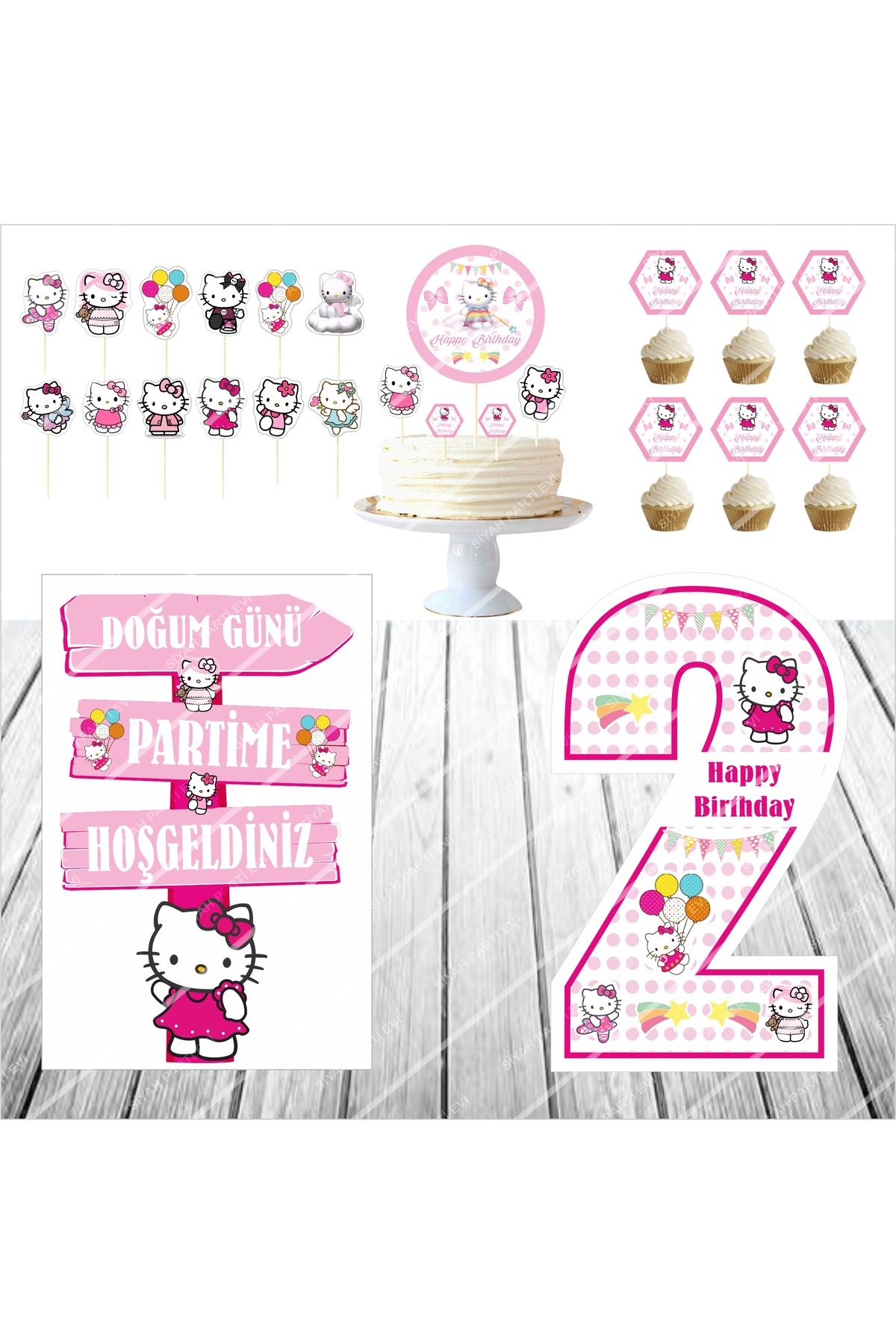 SİYAH PARTİ EVİ Hello Kitty 2 Yaş Doğum Günü Pasta Süsü Masa Maketi Seti