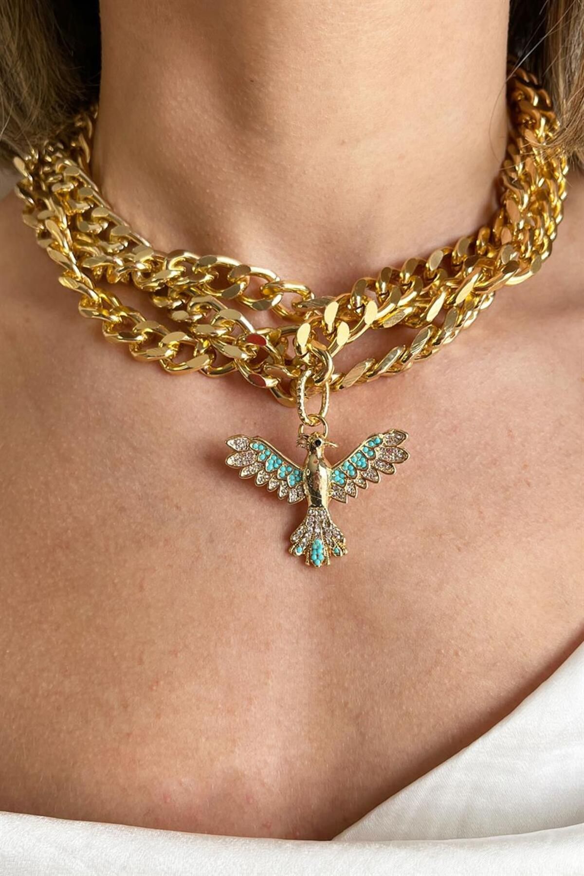 Sose Moda-Turquoise Phoenix Detailed Triple Chain Necklace 2