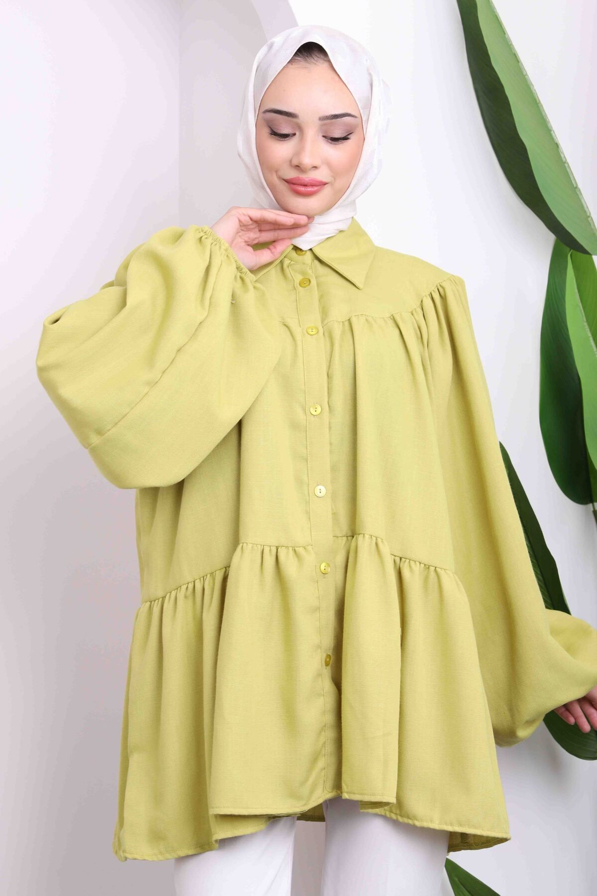 İmajButik-Oil Green Sleeve Elastic Hem Layered Shirt 3