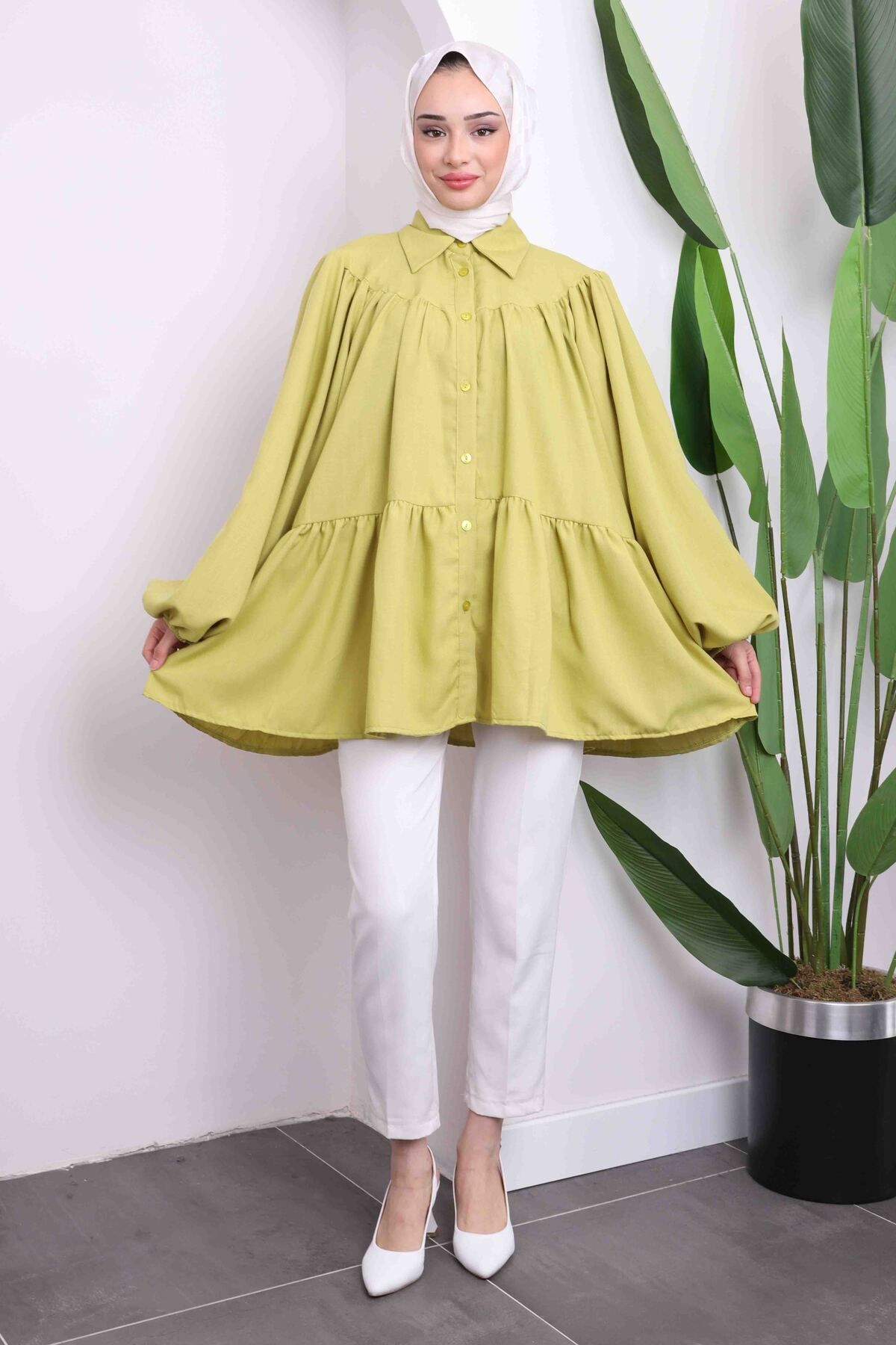 İmajButik-Oil Green Sleeve Elastic Hem Layered Shirt 2