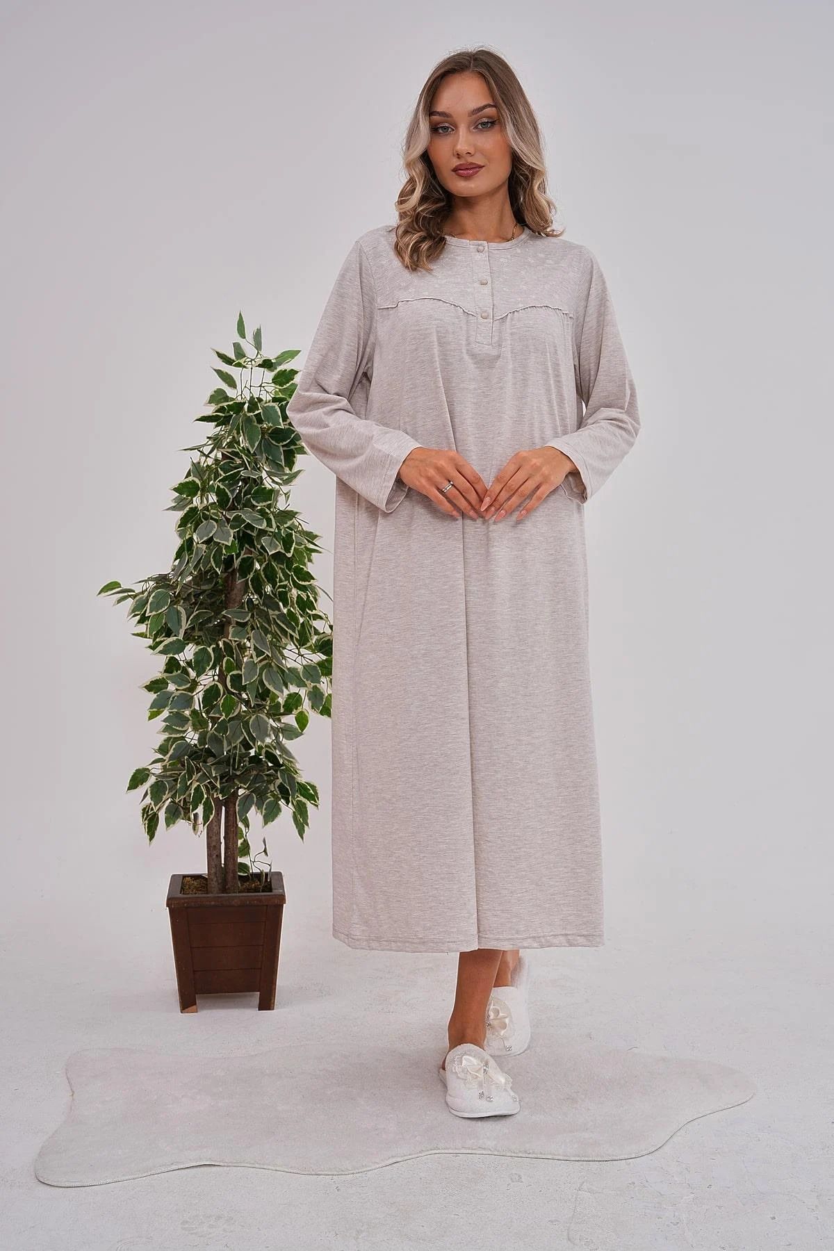 Mecit Pijama-Plus Size Mother's Nightgown with Long Sleeves and Buttons on the Collar 5