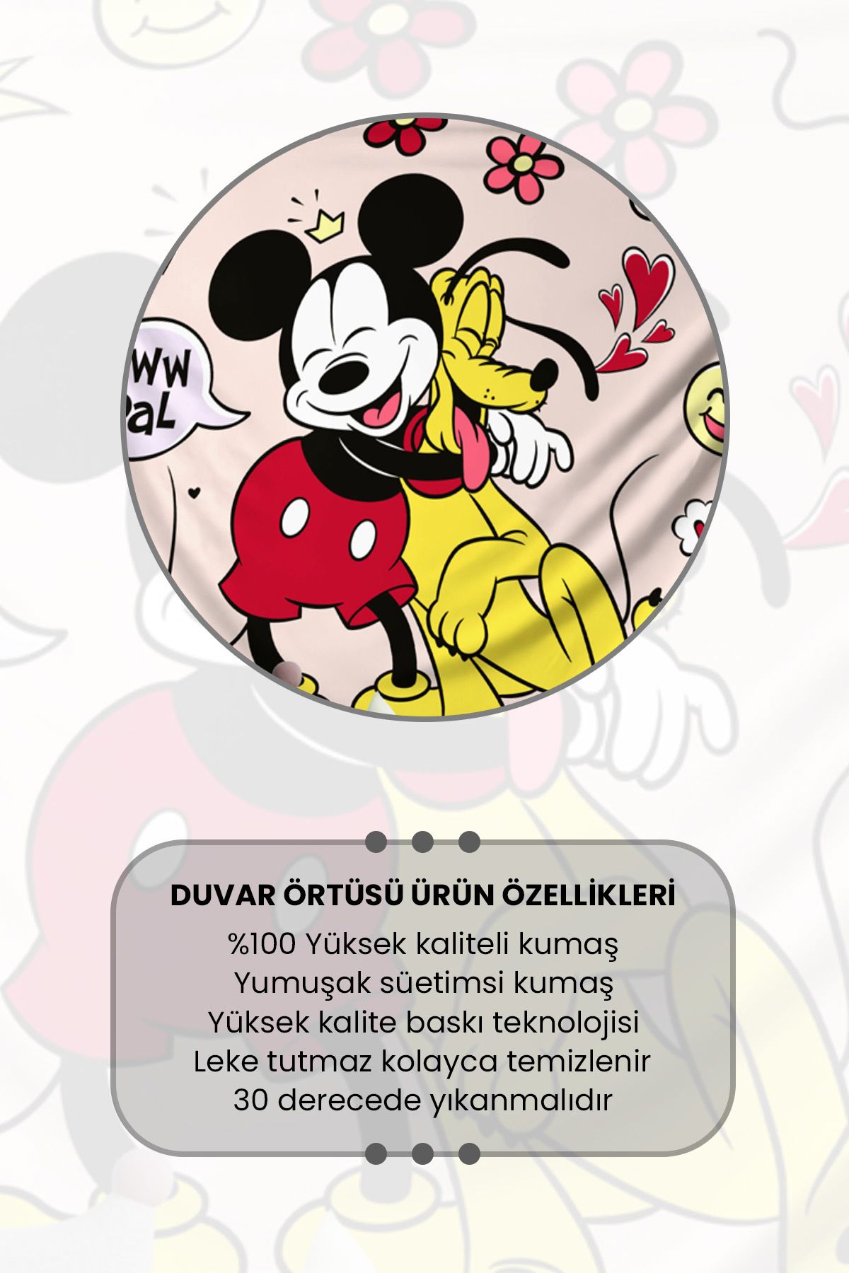 Moud's-Mickey Mouse and Pluto Patterned Children's Room Tapestry - Suede Textured Wall Tapestry 3