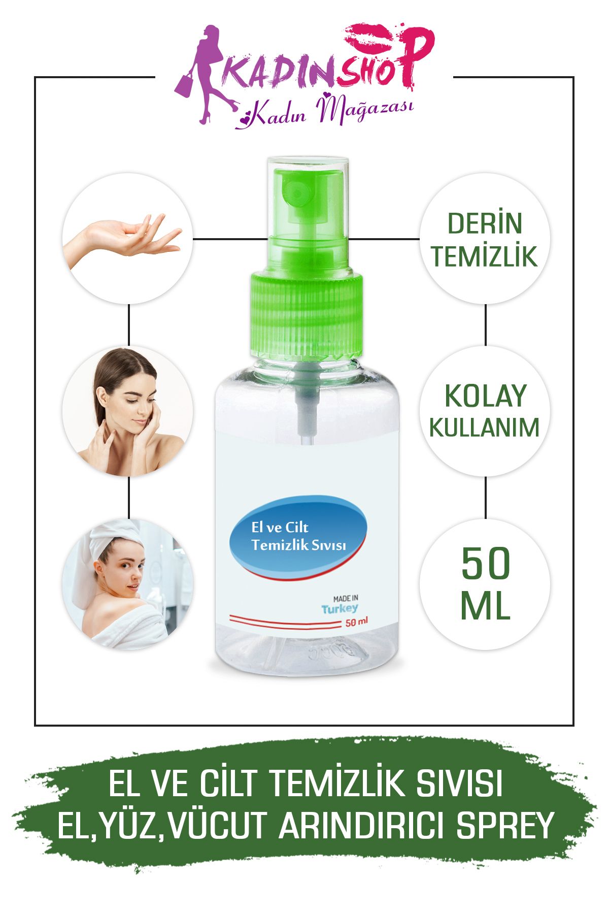 Kadınshop Cilt Dezenfektanı El Yüz Vücut İçin Koruyucu  Antiseptik Dezenfektan 50 ml