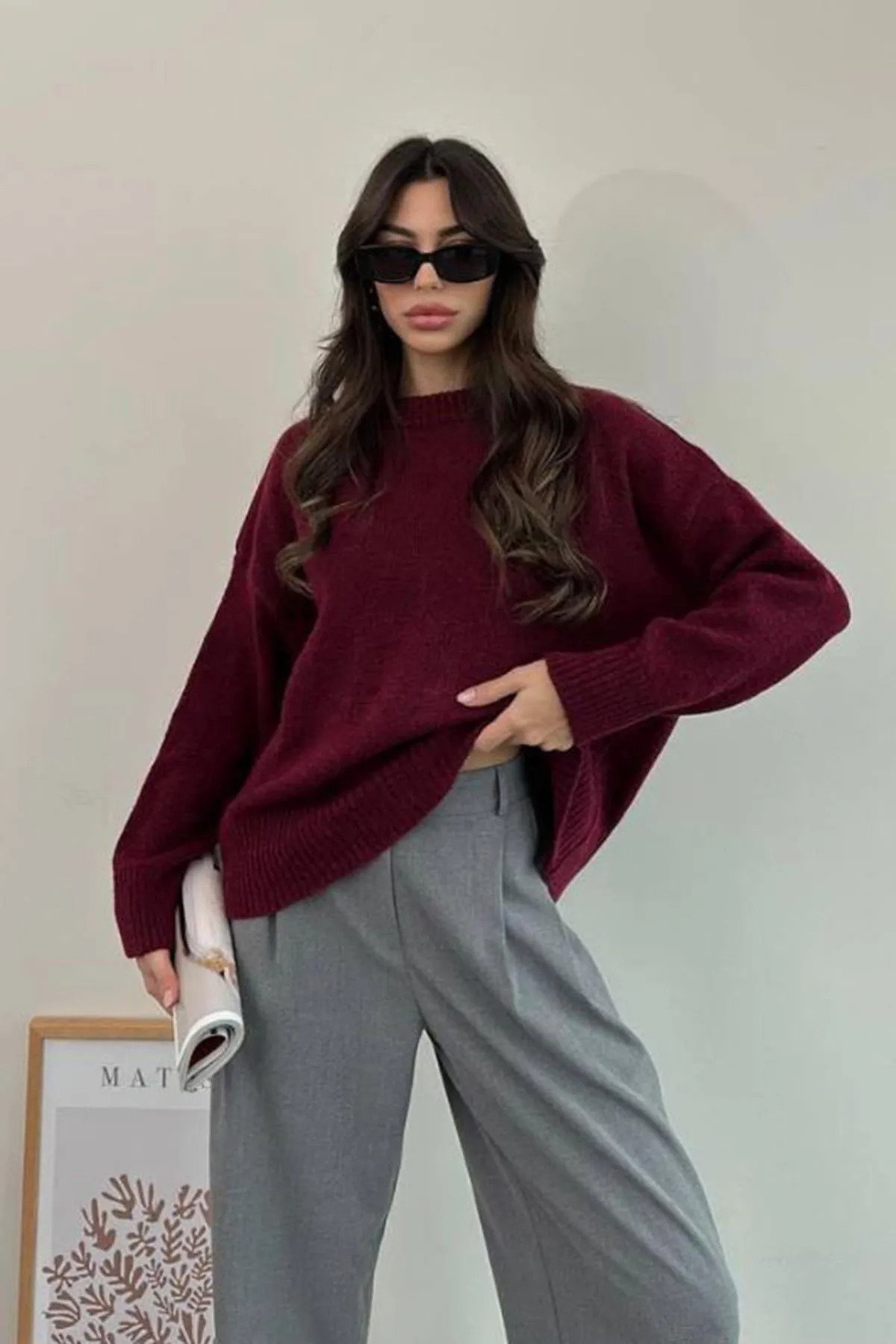 DTBUTİK  Bordo Bisiklet Yaka Oversize Triko Kadın Kazak - Görsel 3