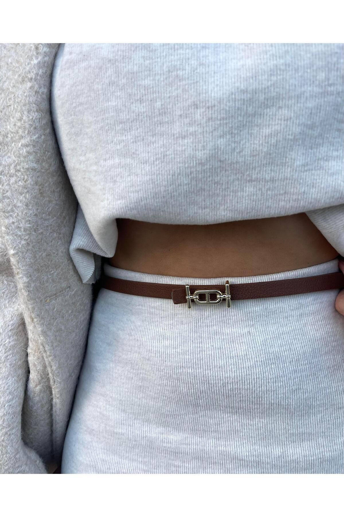 Tina-1.5cm Wide Gold Buckle Tan Leather Thin Belt 4