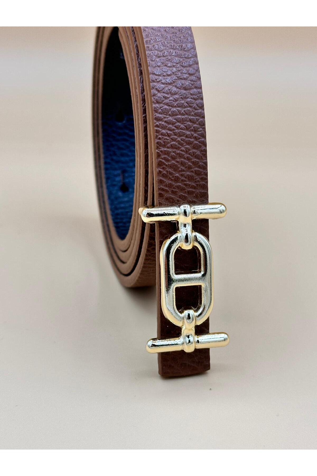 Tina-1.5cm Wide Gold Buckle Tan Leather Thin Belt 5