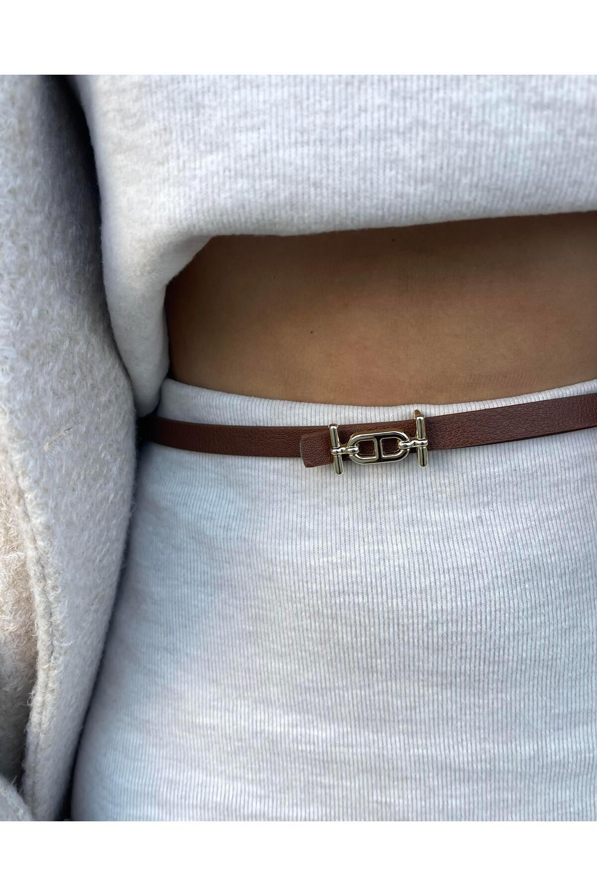 Tina-1.5cm Wide Gold Buckle Tan Leather Thin Belt 3