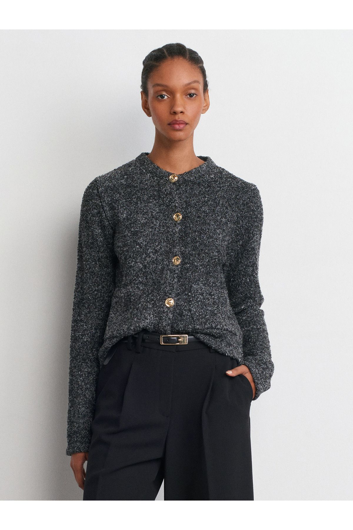 Dilvin-60923 Crew Neck Boucle Pocket Buttoned Knitwear Cardigan-Anthracite 5