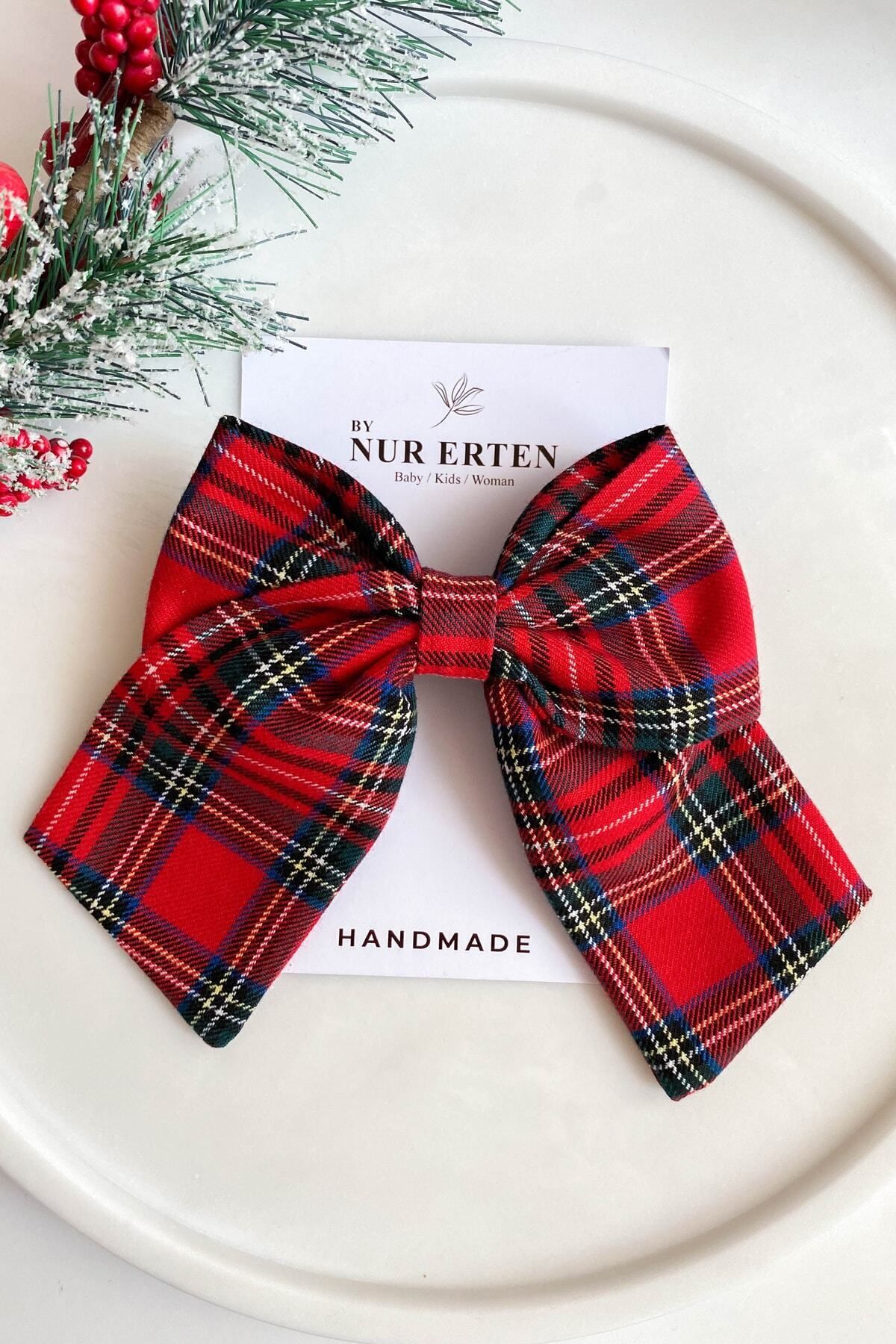 By Nur Erten-Red Plaid Patterned Bow Automatic Clip Hair Clip 2