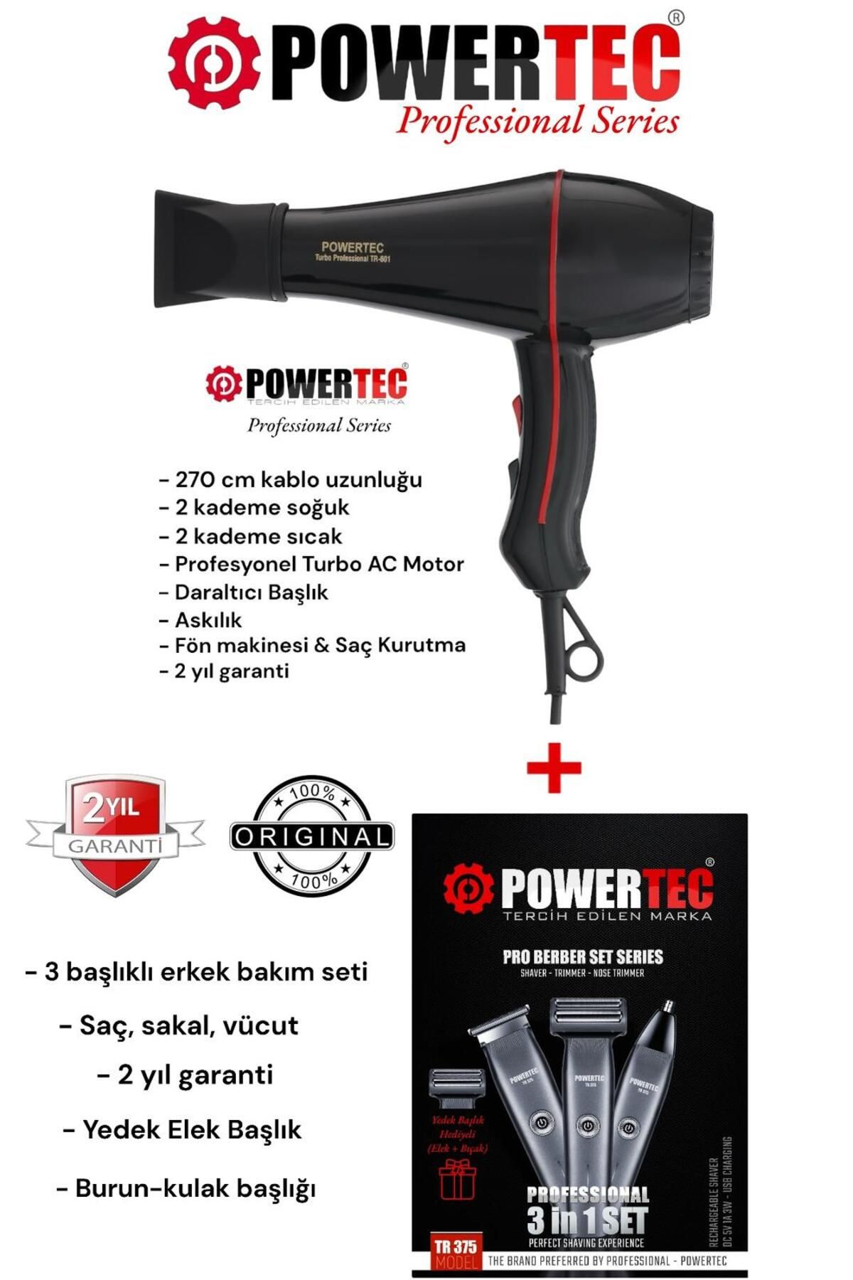 سشوار سیاه مردانه برقی Tr 601 دستگاه ضربه حرفه ای + 375 مجموعه هدیه کیت مراقبت روزانه پاورتچ  Powertec