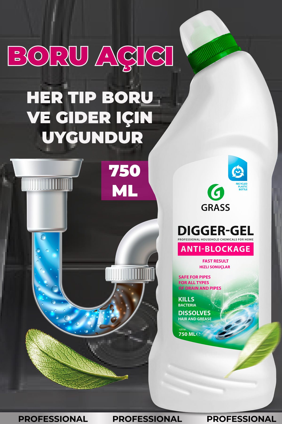 GRASS Dıgger Gel Turbo Hijyenik Gider, Lavabo Açıcı (750 ML)