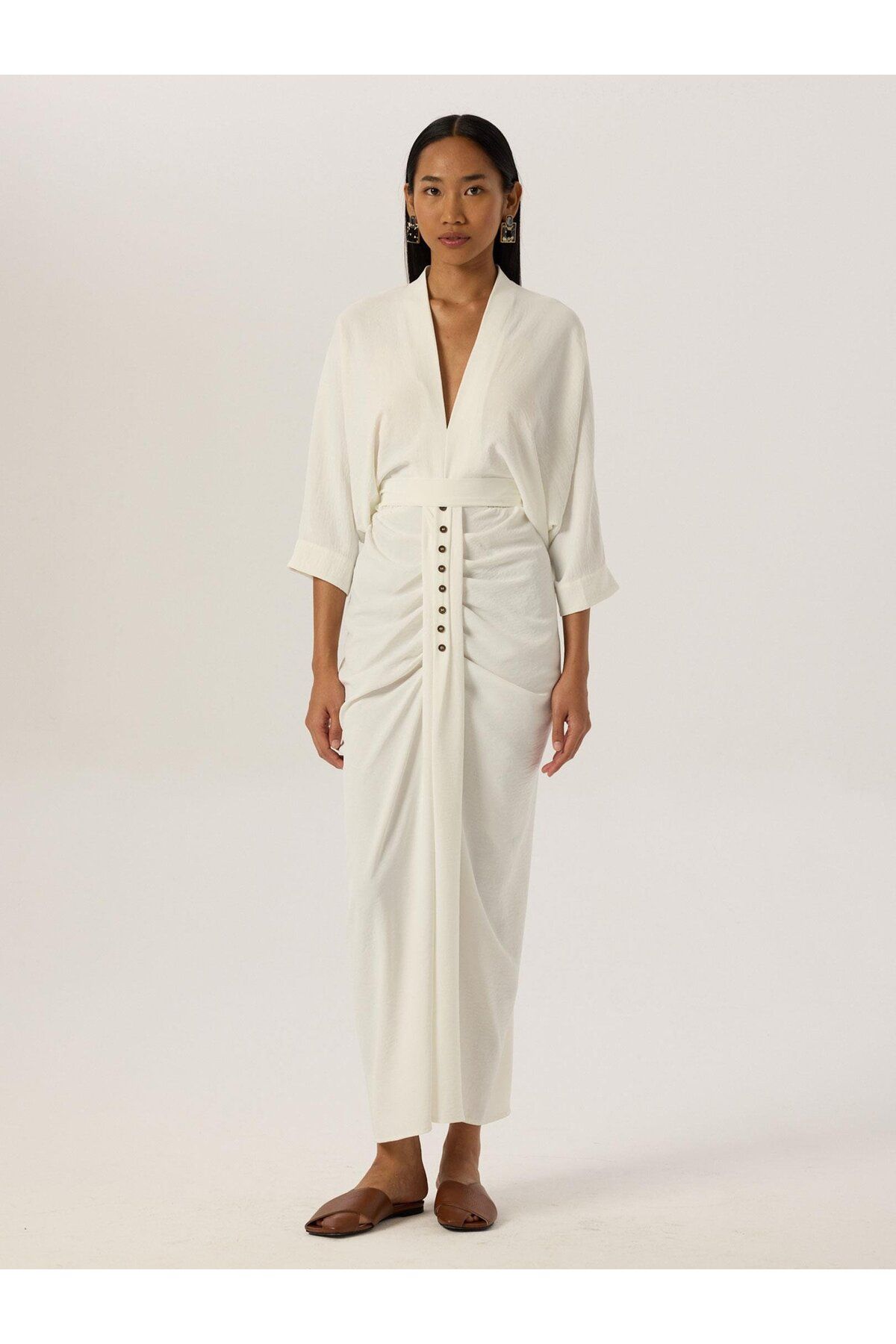 RİVUS-White Decorative Buttoned and Gathered Slit Dress 1