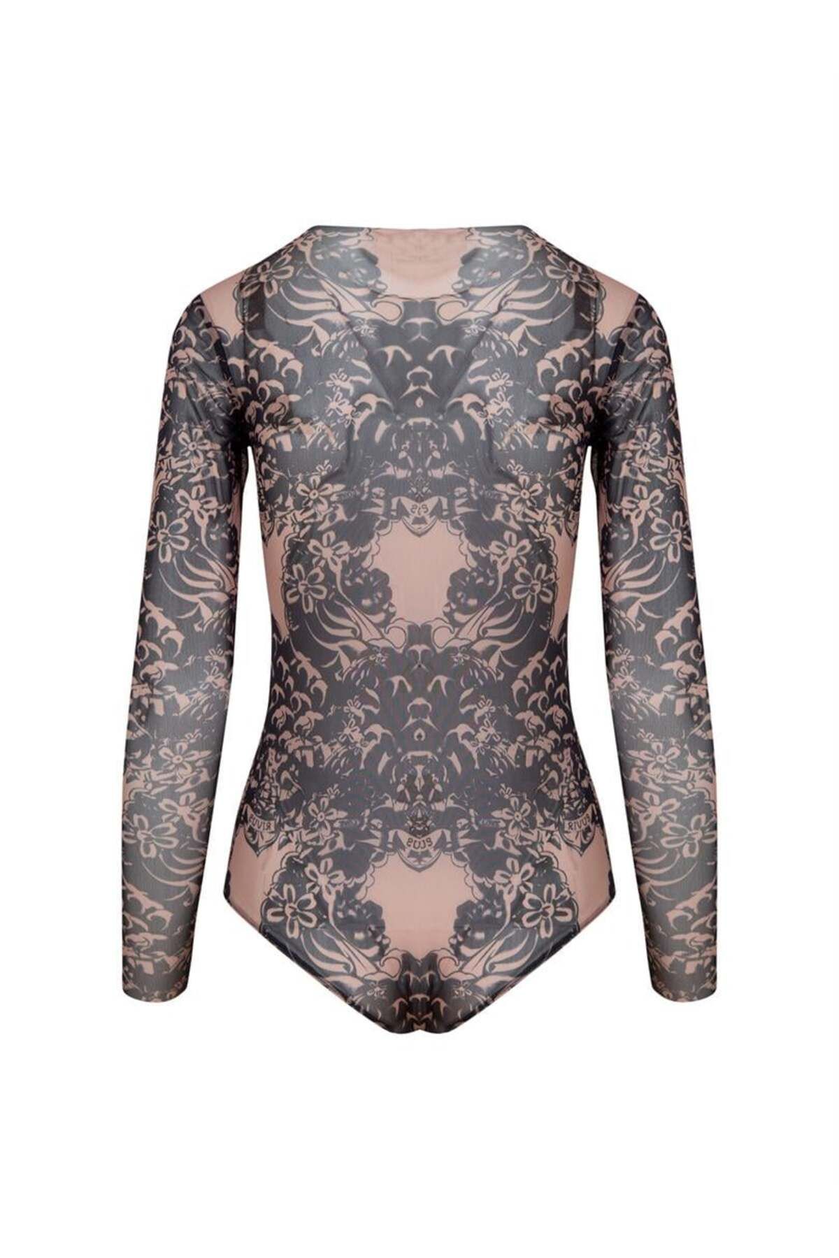 RİVUS-Tattoo Patterned Transparent Tulle Body with Snap Fasteners from the Bottom - Tattoo Pattern 4