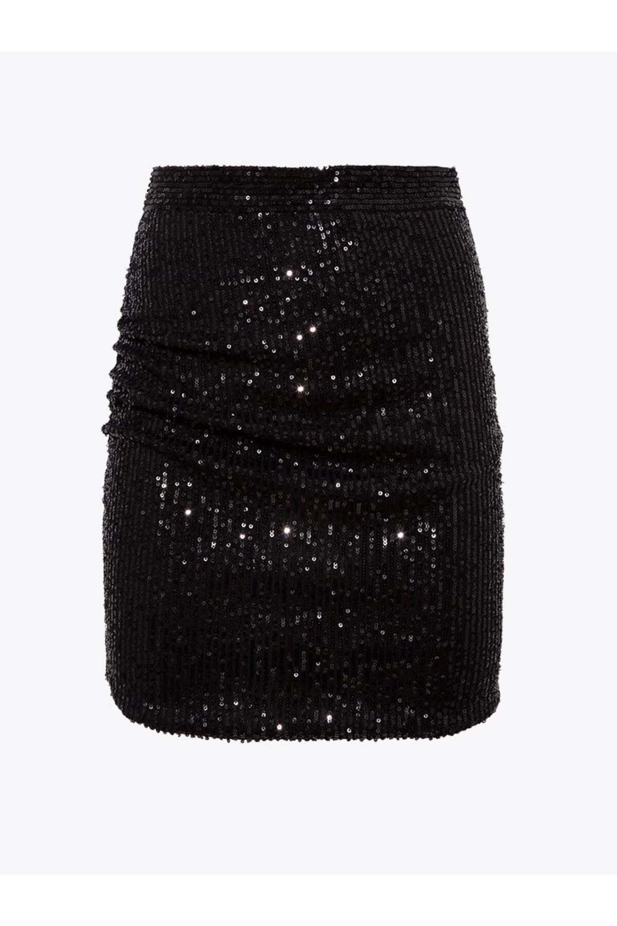 RİVUS-Sequin Skirt with Side Slits and Drape Detail - Black 1