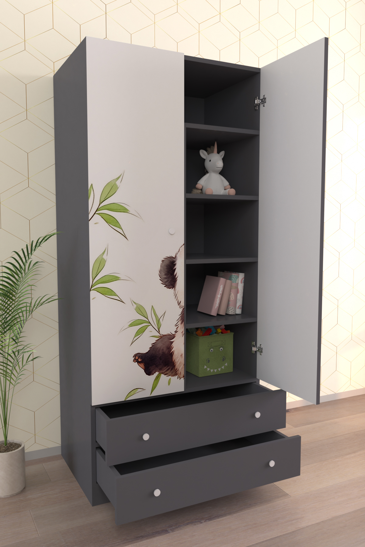 Hediyeler Kapında Çocuk Odası 2 Kapaklı Bamboo Gardırop 5 Raflı 2 Çekmeceli Askılı Elbise Dolabı fotoğrafı 2 (önizleme)
