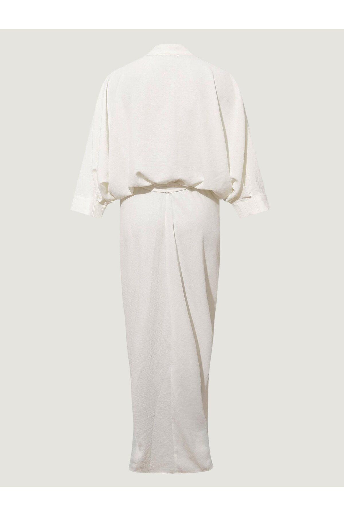 RİVUS-White Decorative Buttoned and Gathered Slit Dress 7