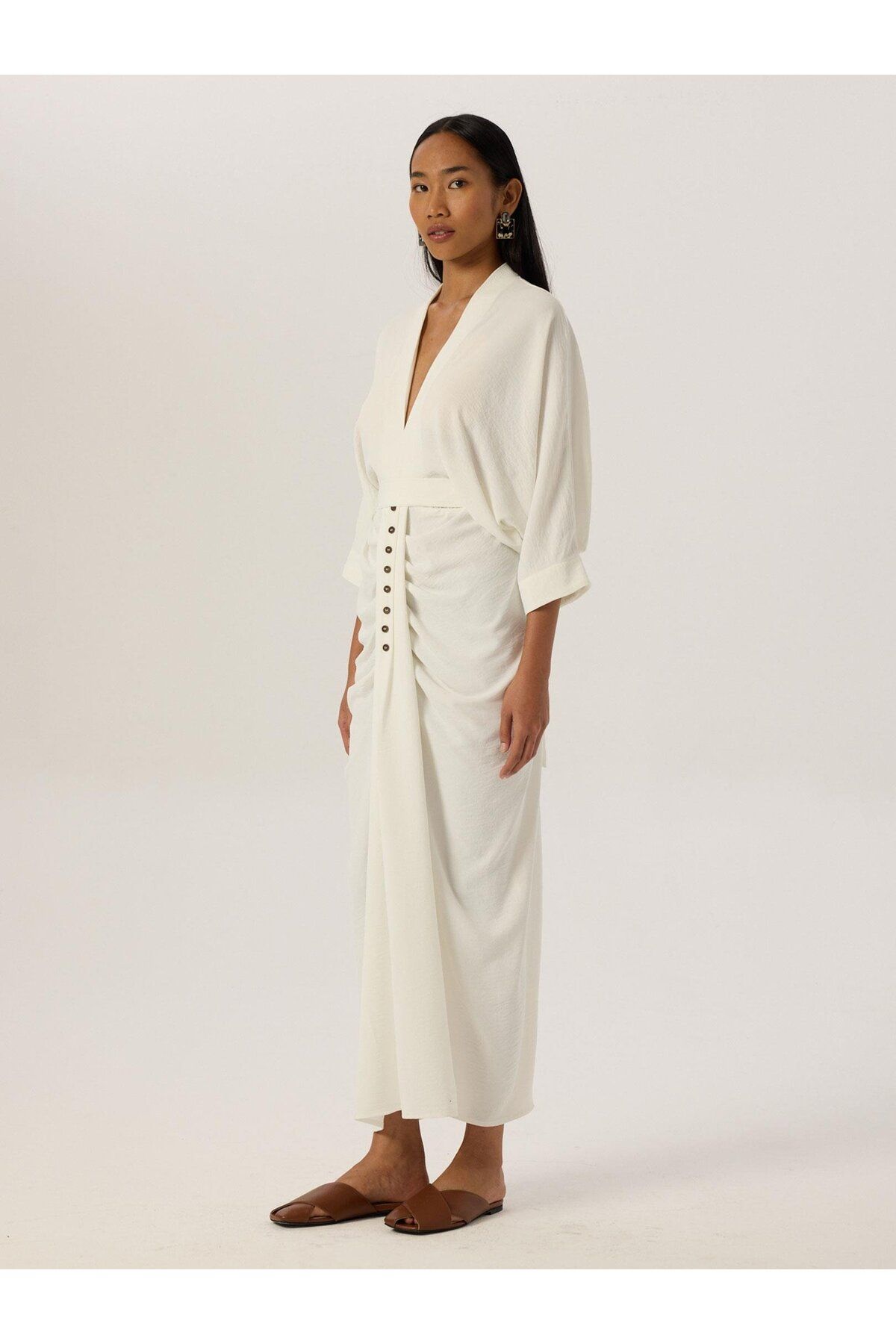 RİVUS-White Decorative Buttoned and Gathered Slit Dress 2