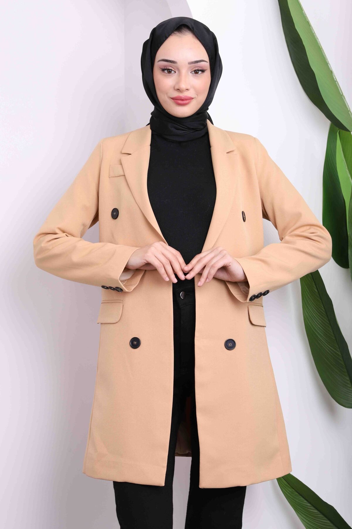 İmajButik-Beige Double Breasted Collar Lined Jacket 1