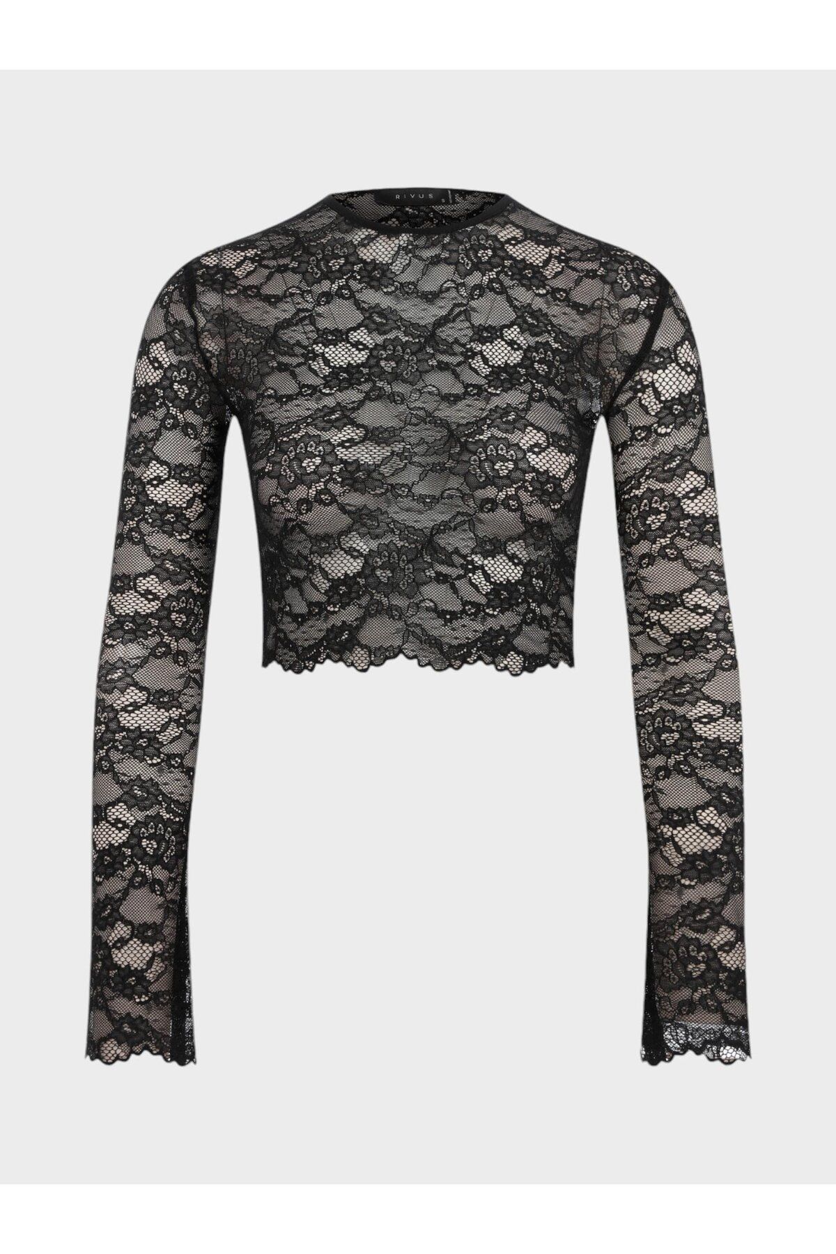 RİVUS-Long Sleeve Lace Crop Blouse with Crew Neck - Black 2