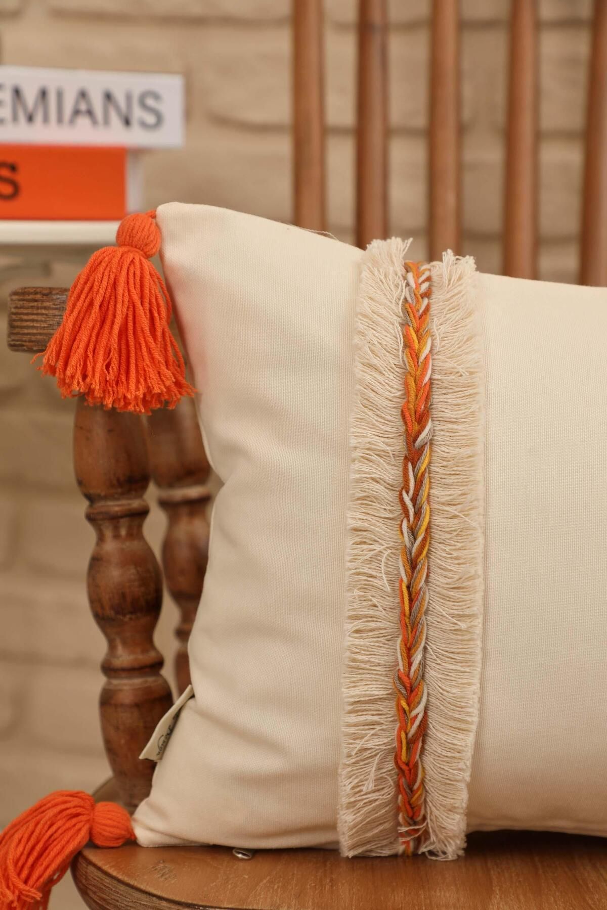 Aisha's Design-Handmade Knitted and Tassel Detailed Bohemian Decorative Throw Pillow Cover, K-395 4