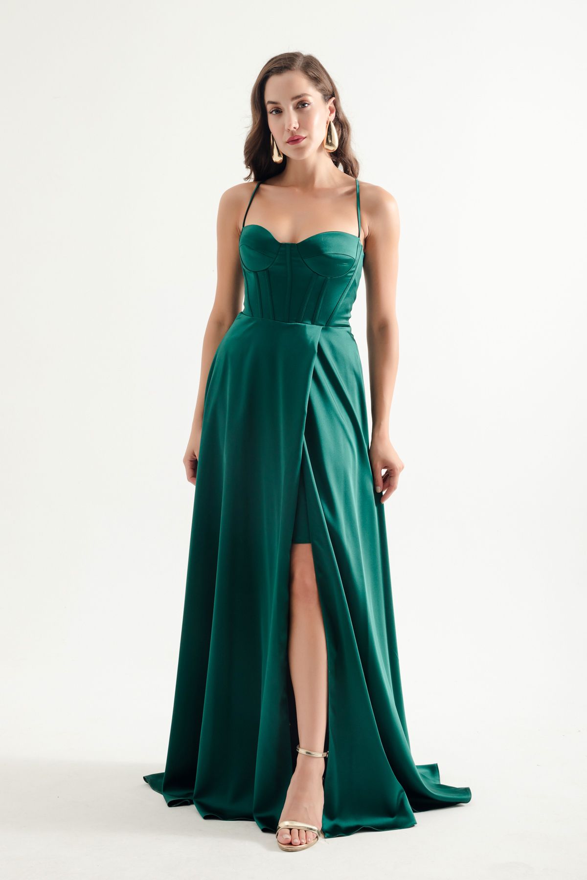 Lafaba-Emerald Green Satin Evening Dress - Long Dress with Straps 1