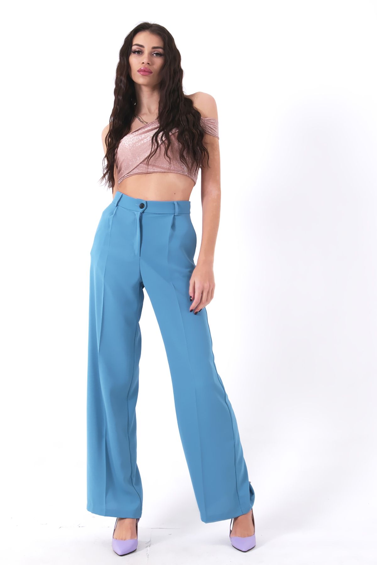 Feminist-High Waist Pleated Palazzo Trousers Baby Blue0102066 2